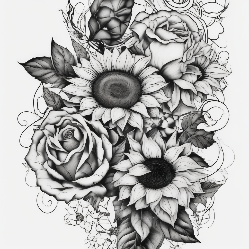 sunflower and roses floral sleeve tattoo half sleeve tattoos for men, design de tatouage Surréaliste généré par IA
